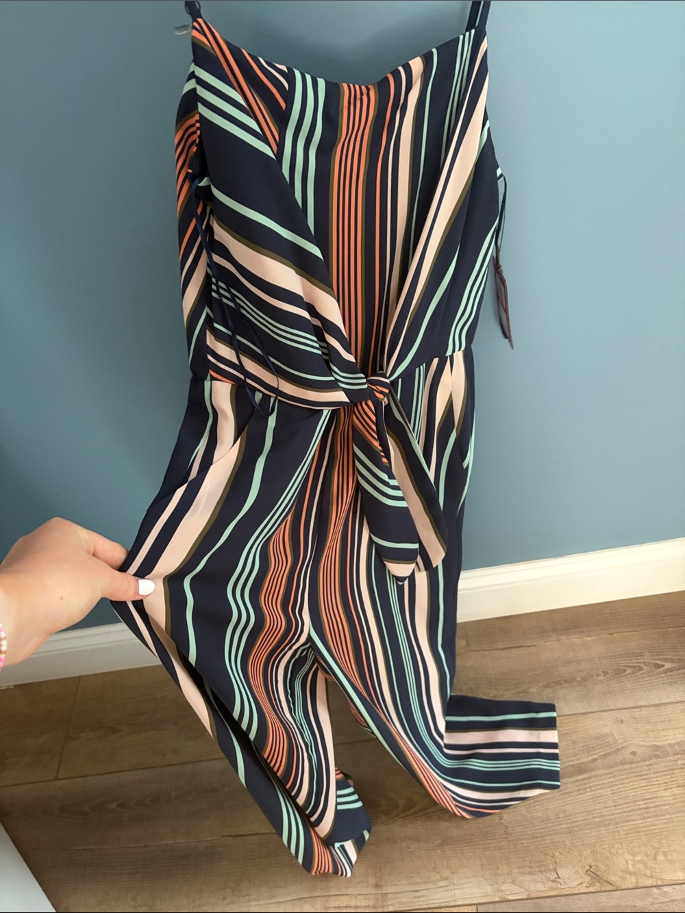 Girls Striped Tie-Front Jumpsuit in Navy, Mint & Coral